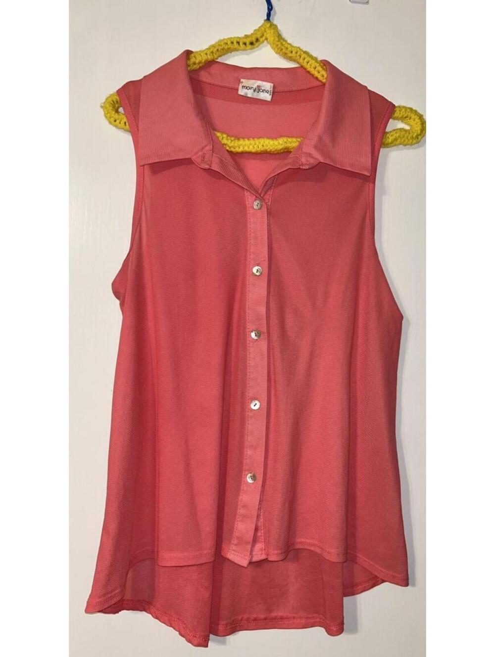 Mary Jane Button up Blouse SM semi sheer sleeveless pink collared flowy